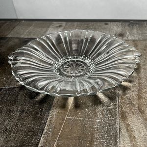 Vintage Clear Glass Flower Shaped Shallow Bowl with Handles on the Side